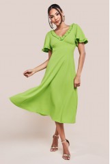 Lime Flare Sleeve Frill Edge Midi Dress